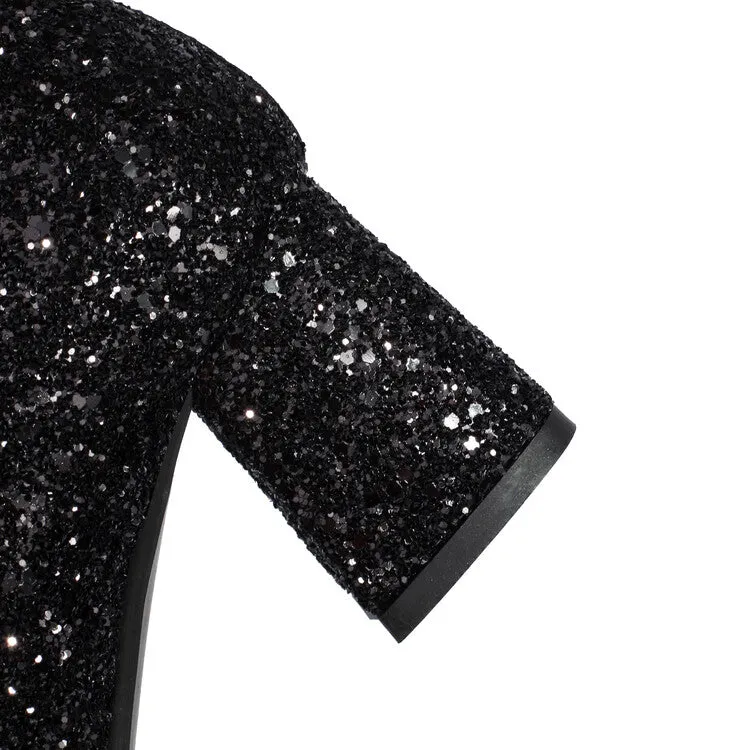 Women's Sequins Square Toe Block Heel Ankle Boots