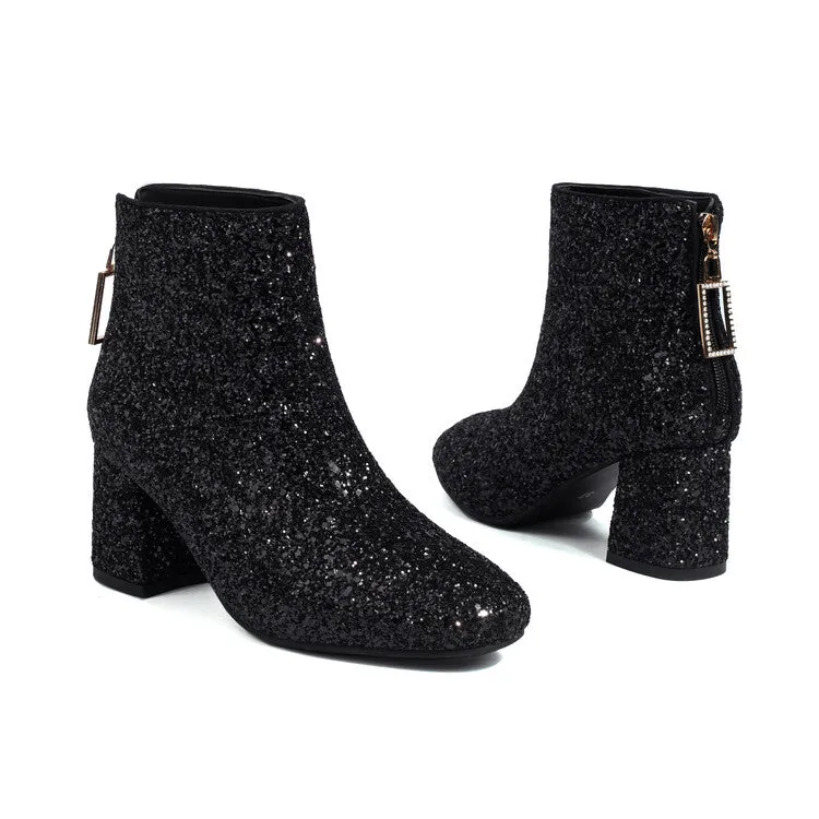 Women's Sequins Square Toe Block Heel Ankle Boots