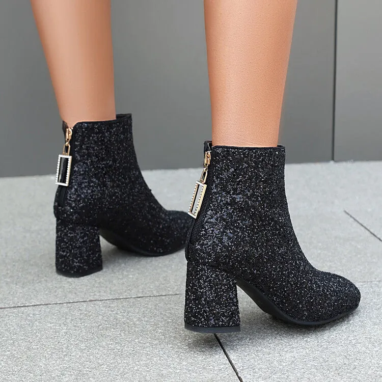 Women's Sequins Square Toe Block Heel Ankle Boots