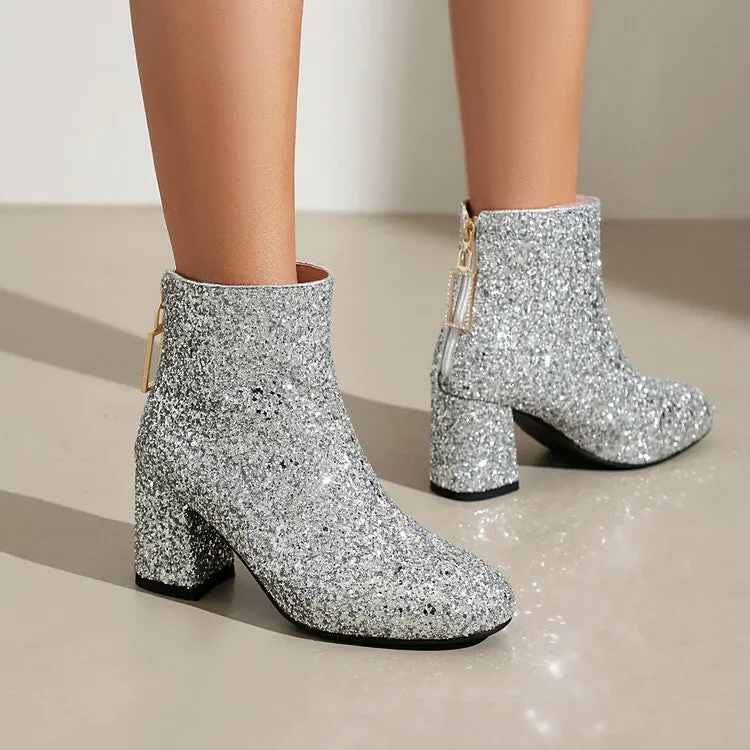 Women's Sequins Square Toe Block Heel Ankle Boots