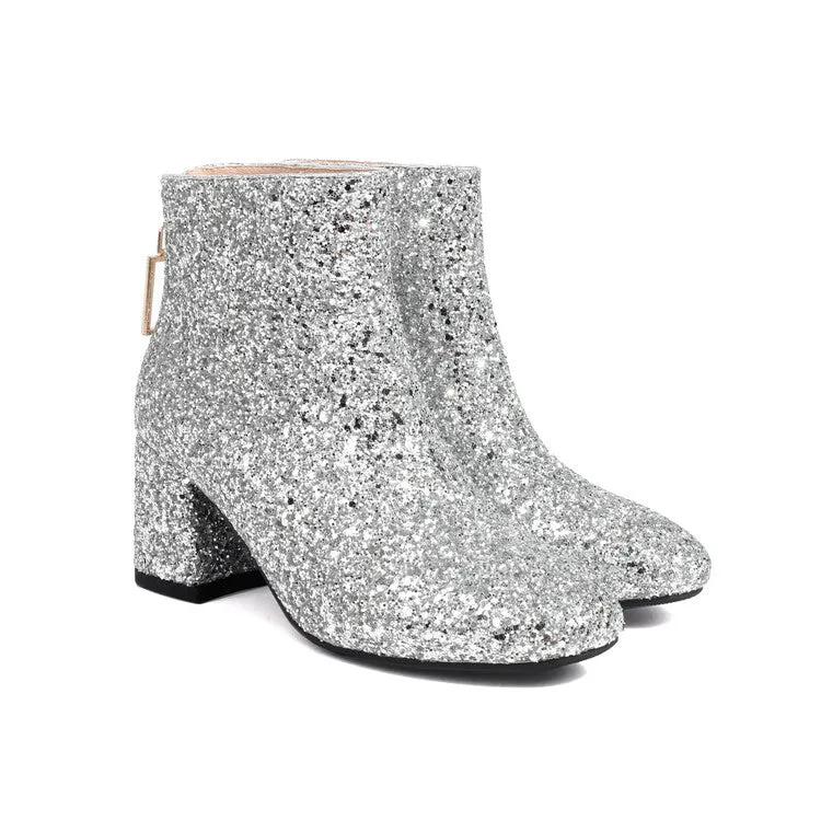 Women's Sequins Square Toe Block Heel Ankle Boots