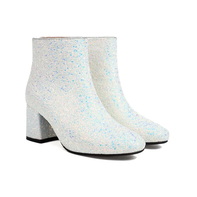 Women's Sequins Square Toe Block Heel Ankle Boots