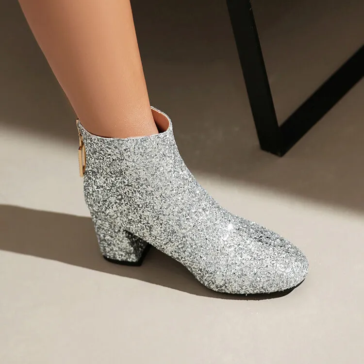Women's Sequins Square Toe Block Heel Ankle Boots