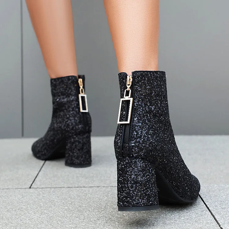 Women's Sequins Square Toe Block Heel Ankle Boots