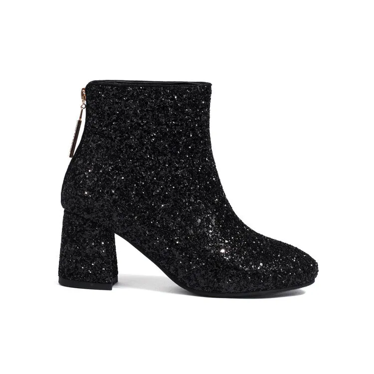 Women's Sequins Square Toe Block Heel Ankle Boots