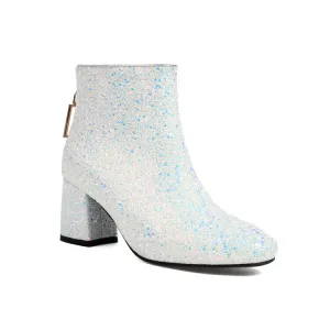 Women's Sequins Square Toe Block Heel Ankle Boots