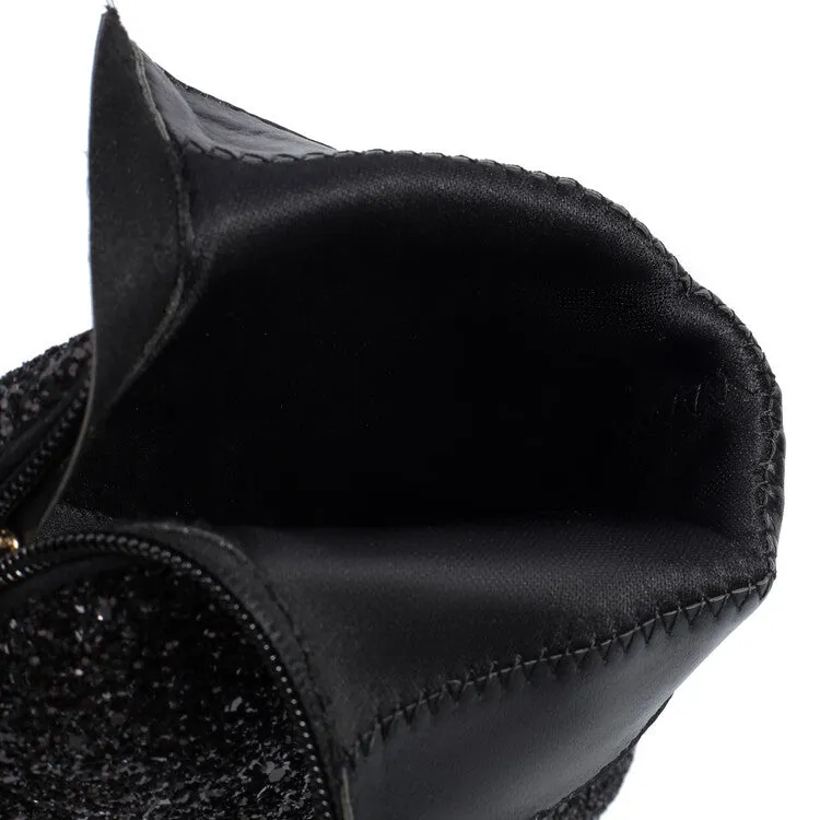 Women's Sequins Square Toe Block Heel Ankle Boots