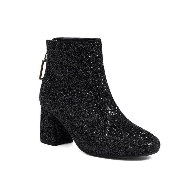 Women's Sequins Square Toe Block Heel Ankle Boots