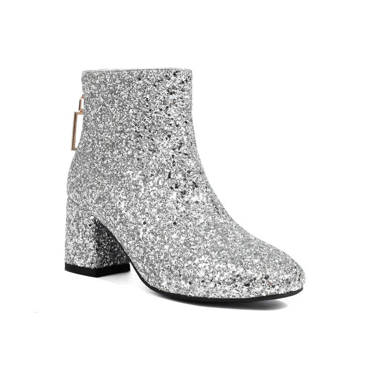 Women's Sequins Square Toe Block Heel Ankle Boots