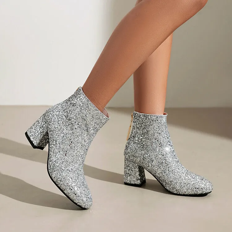 Women's Sequins Square Toe Block Heel Ankle Boots