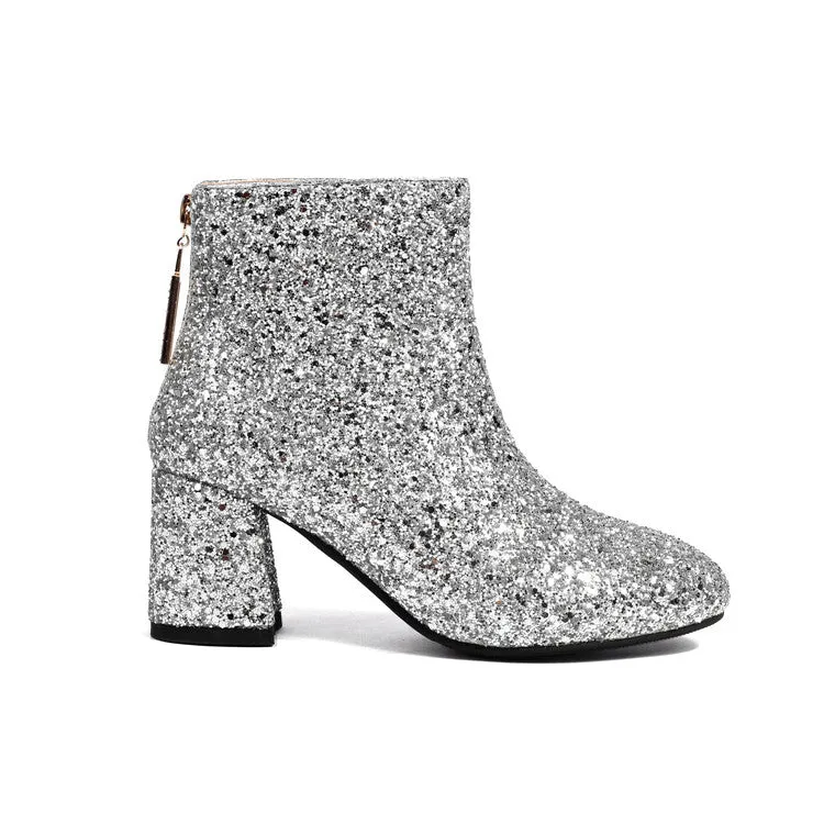 Women's Sequins Square Toe Block Heel Ankle Boots