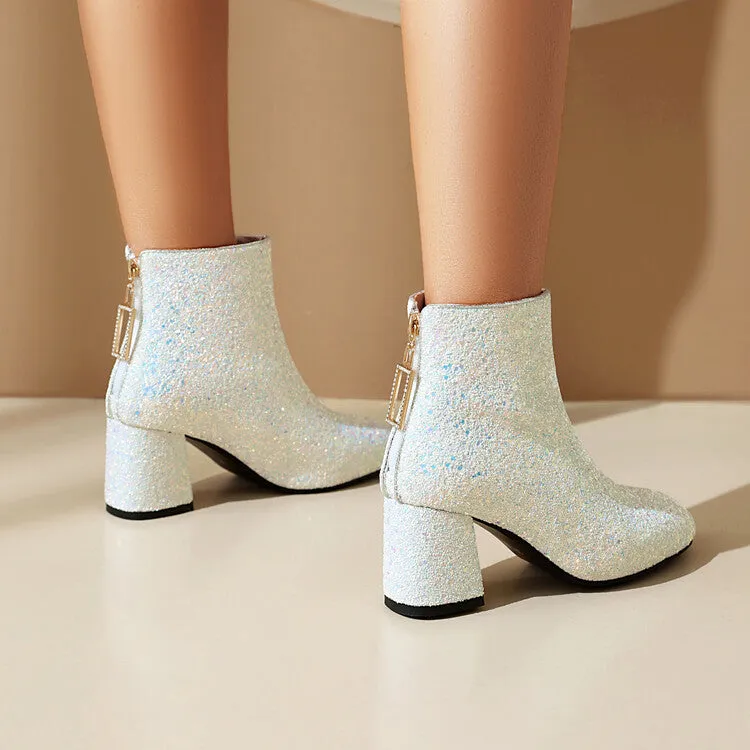 Women's Sequins Square Toe Block Heel Ankle Boots