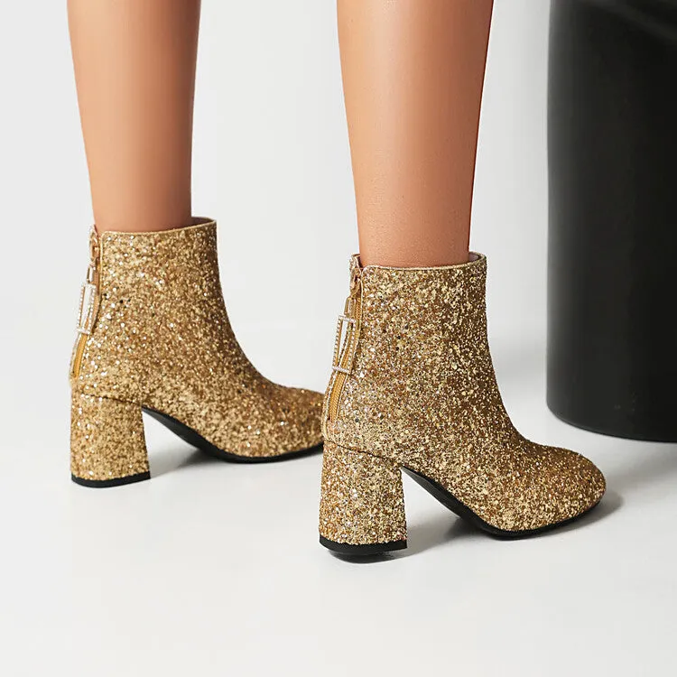 Women's Sequins Square Toe Block Heel Ankle Boots