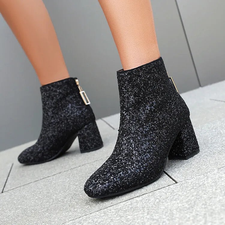 Women's Sequins Square Toe Block Heel Ankle Boots
