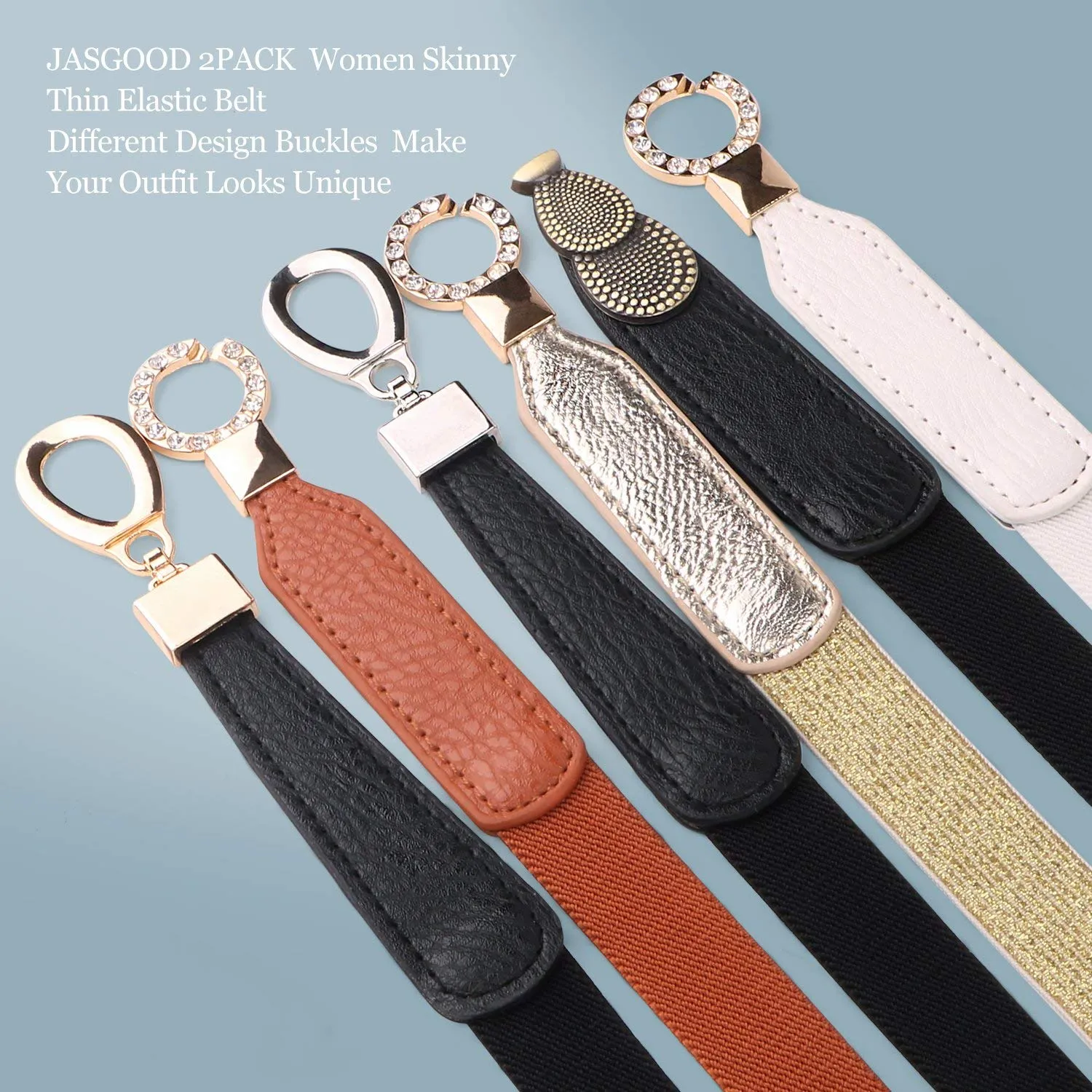 Womens Skinny Elastic Waist Belt, JASGOOD Stretch Cinch Thin Belt For Dress 2 Pack