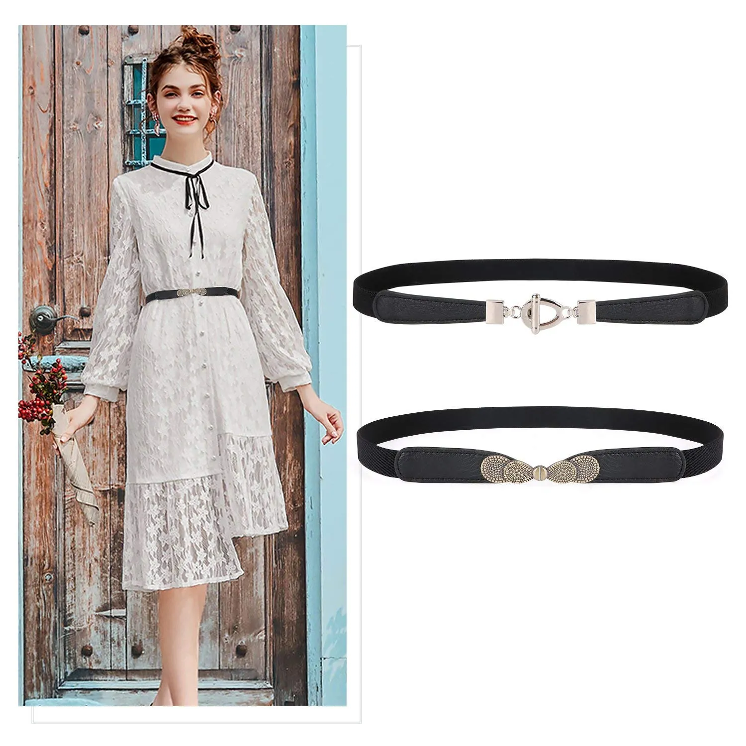 Womens Skinny Elastic Waist Belt, JASGOOD Stretch Cinch Thin Belt For Dress 2 Pack