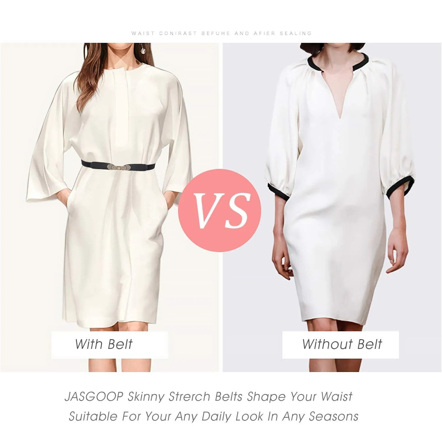 Womens Skinny Elastic Waist Belt, JASGOOD Stretch Cinch Thin Belt For Dress 2 Pack