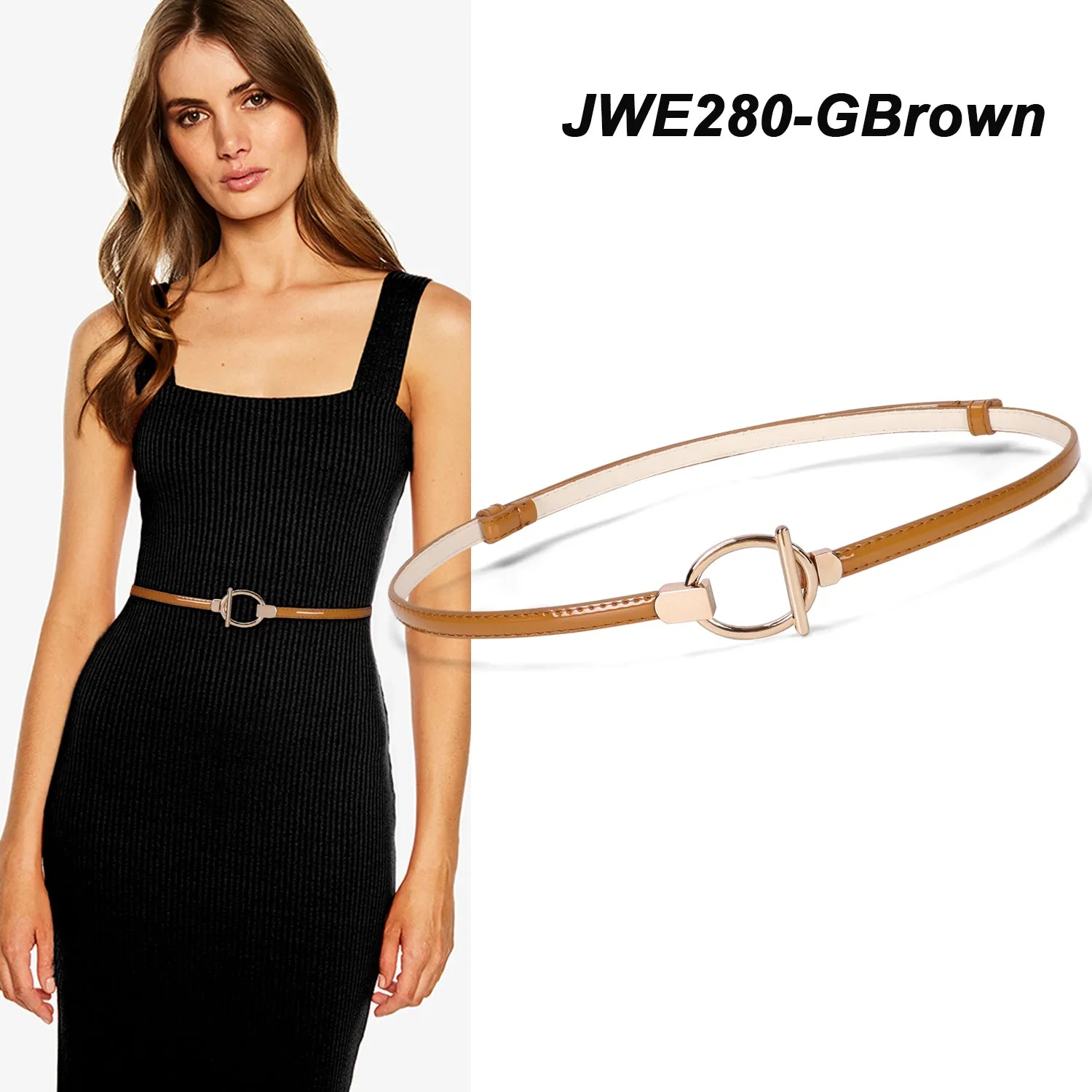 Women’s Skinny Leather Belt Adjustable Slim Waist Belt with Gold Alloy Buckle for Dress By JASGOOD