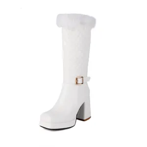 Women's Square Toe Platform High Heel Fur Mid-Calf Boots