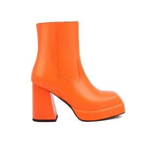 Women's Square Toe Side Zippers Block Chunky Heel Platform Short Boots