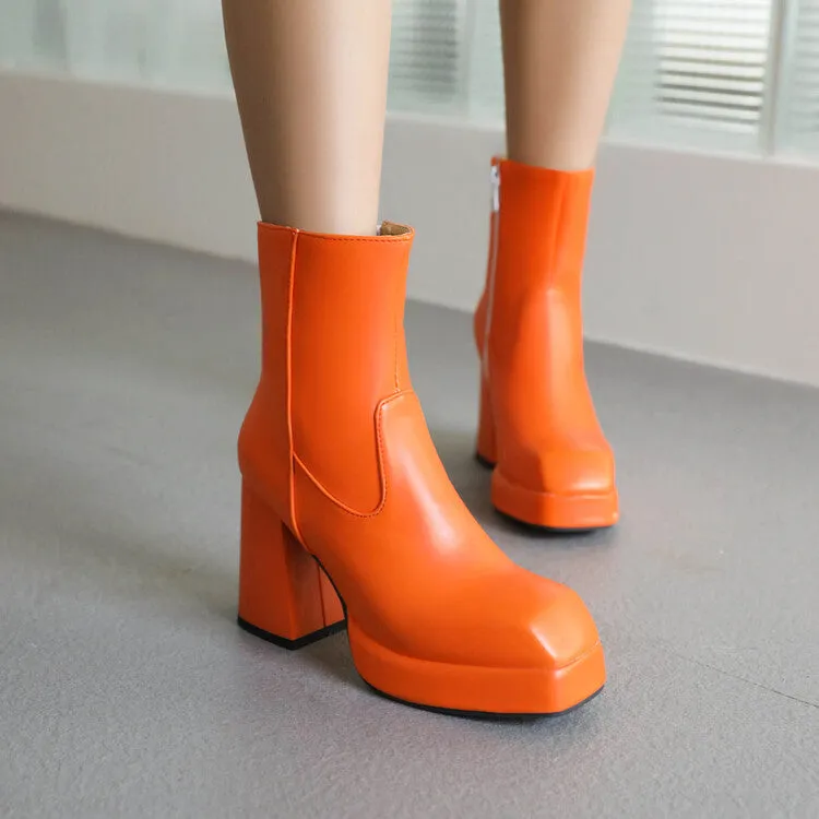 Women's Square Toe Side Zippers Block Chunky Heel Platform Short Boots