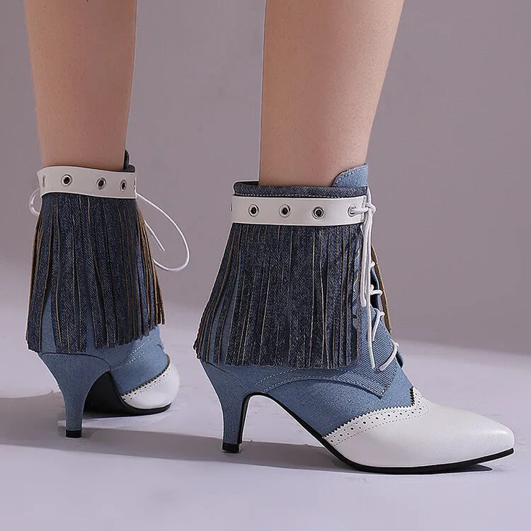 Women's Tassel Lace-Up Pointed Toe Spike Heel Ankle Boots