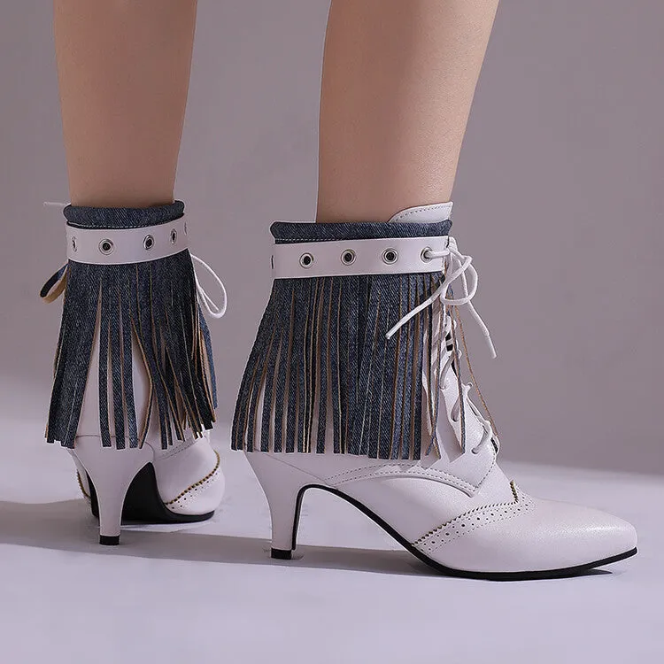 Women's Tassel Lace-Up Pointed Toe Spike Heel Ankle Boots