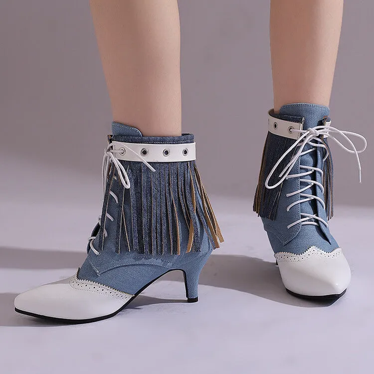 Women's Tassel Lace-Up Pointed Toe Spike Heel Ankle Boots
