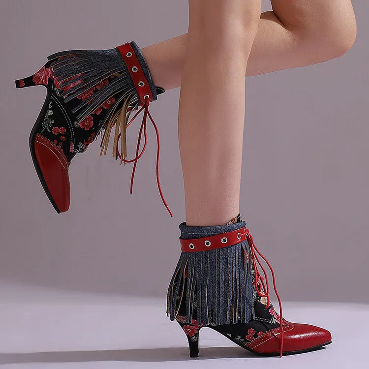 Women's Tassel Lace-Up Pointed Toe Spike Heel Ankle Boots