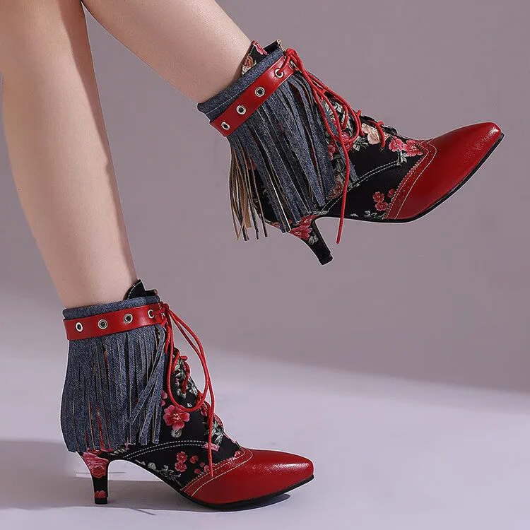 Women's Tassel Lace-Up Pointed Toe Spike Heel Ankle Boots