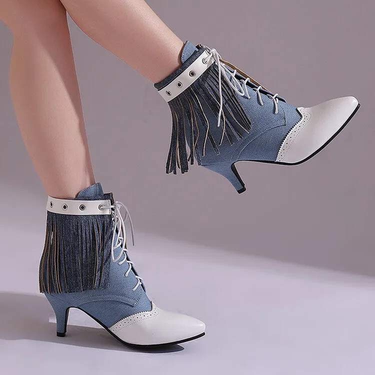 Women's Tassel Lace-Up Pointed Toe Spike Heel Ankle Boots