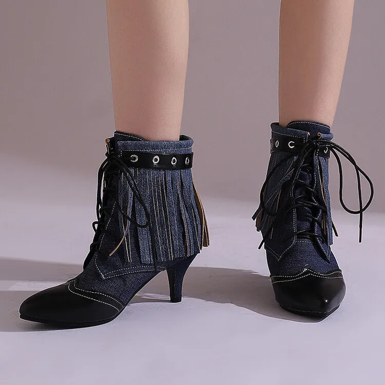 Women's Tassel Lace-Up Pointed Toe Spike Heel Ankle Boots