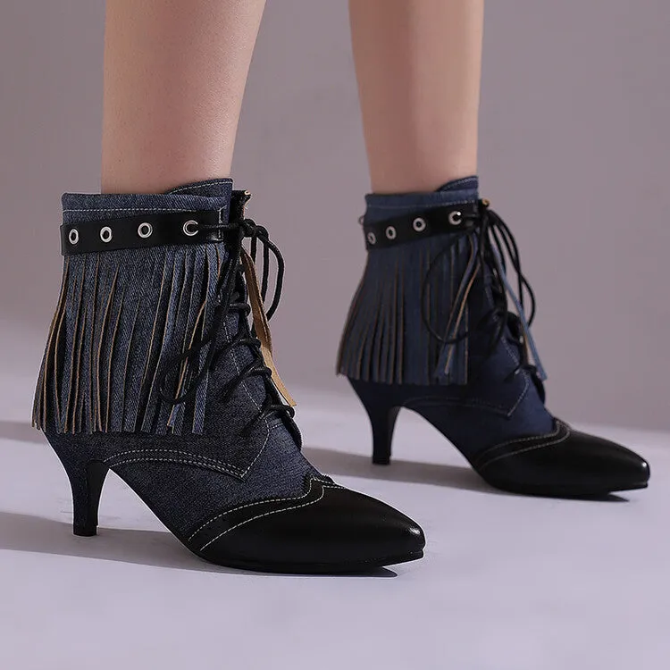 Women's Tassel Lace-Up Pointed Toe Spike Heel Ankle Boots