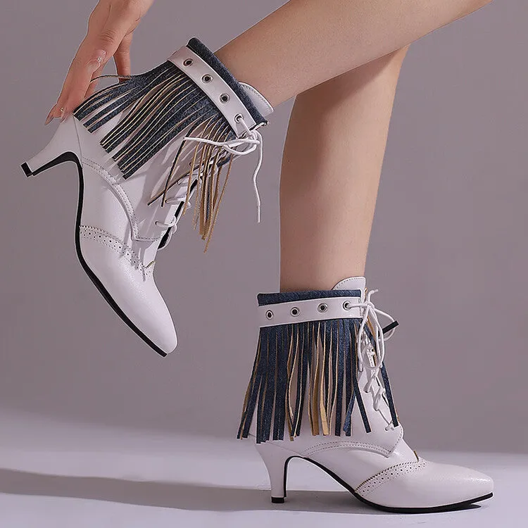 Women's Tassel Lace-Up Pointed Toe Spike Heel Ankle Boots