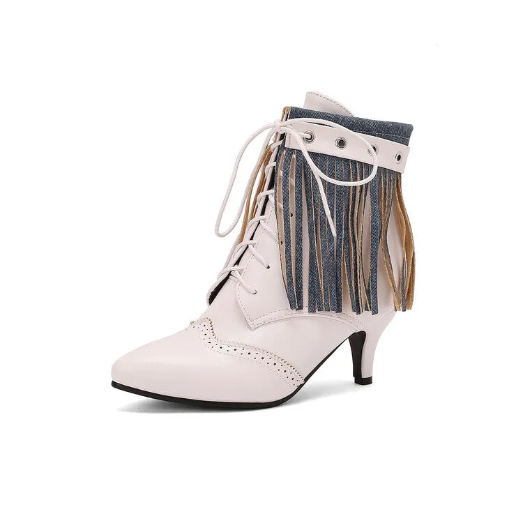 Women's Tassel Lace-Up Pointed Toe Spike Heel Ankle Boots