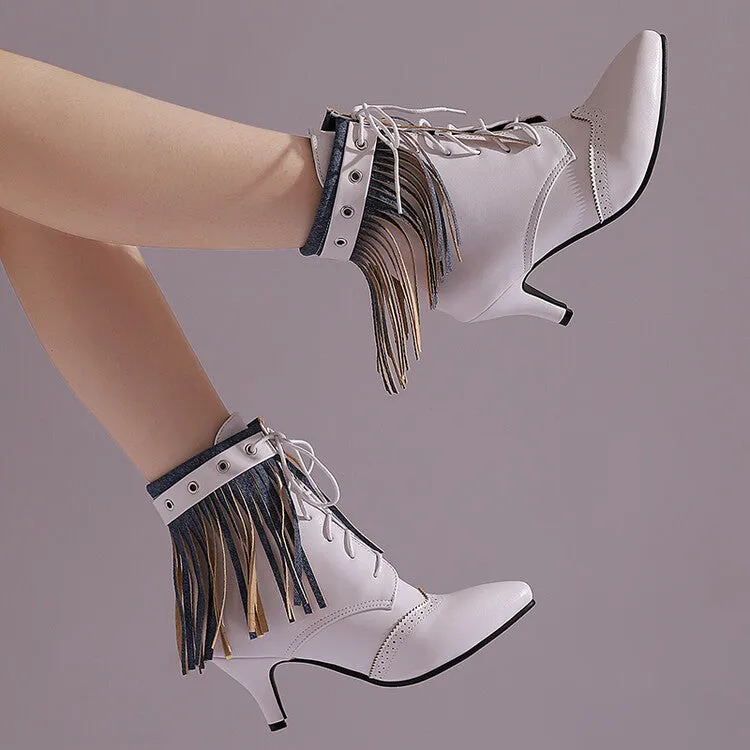 Women's Tassel Lace-Up Pointed Toe Spike Heel Ankle Boots