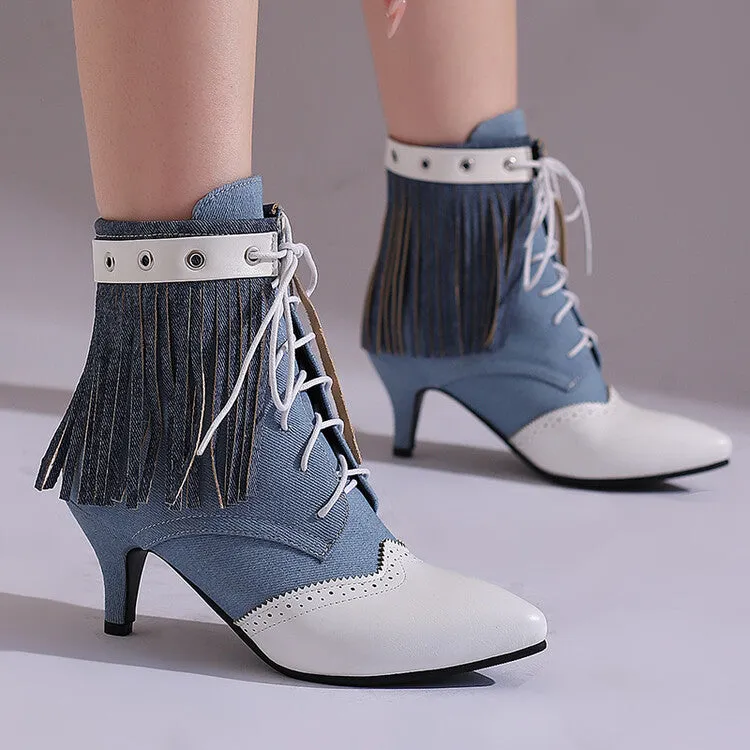 Women's Tassel Lace-Up Pointed Toe Spike Heel Ankle Boots