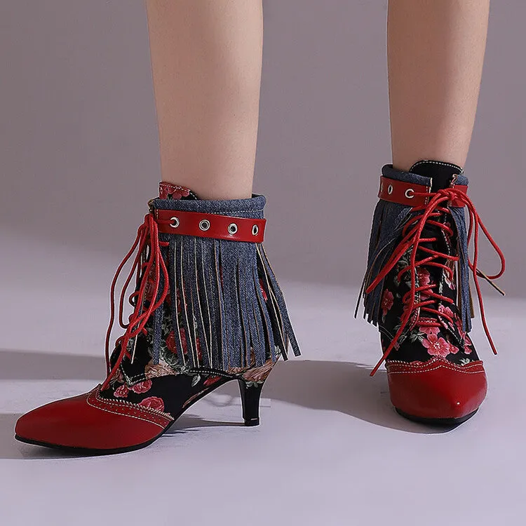 Women's Tassel Lace-Up Pointed Toe Spike Heel Ankle Boots