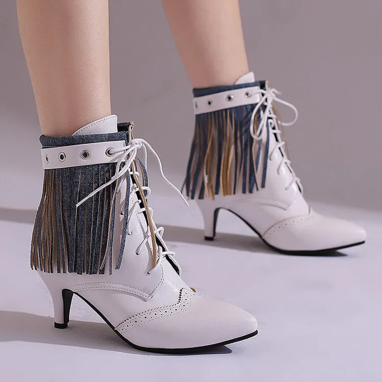 Women's Tassel Lace-Up Pointed Toe Spike Heel Ankle Boots