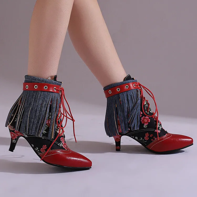 Women's Tassel Lace-Up Pointed Toe Spike Heel Ankle Boots