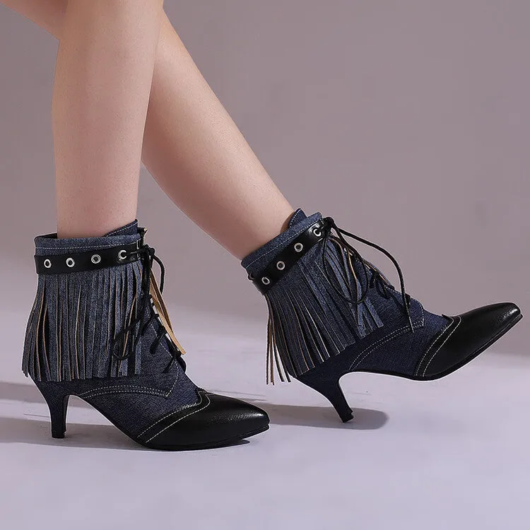 Women's Tassel Lace-Up Pointed Toe Spike Heel Ankle Boots