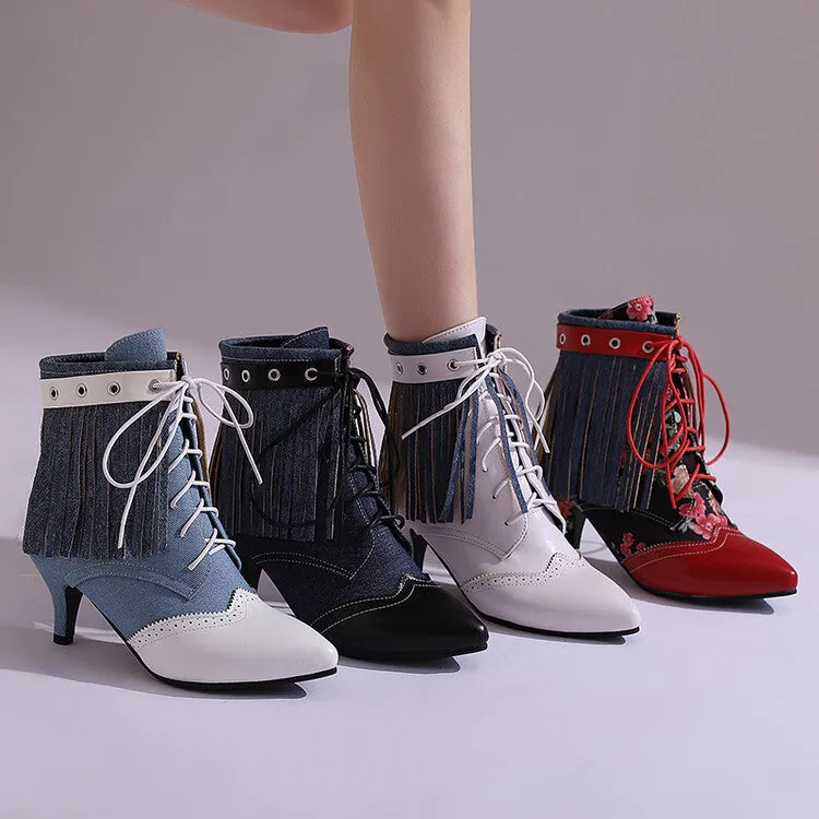Women's Tassel Lace-Up Pointed Toe Spike Heel Ankle Boots