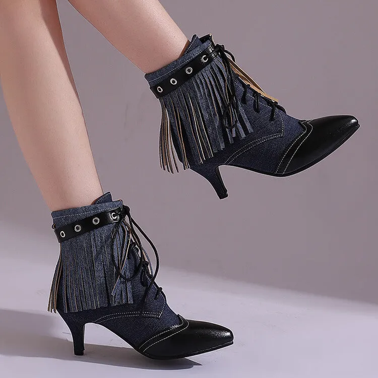 Women's Tassel Lace-Up Pointed Toe Spike Heel Ankle Boots