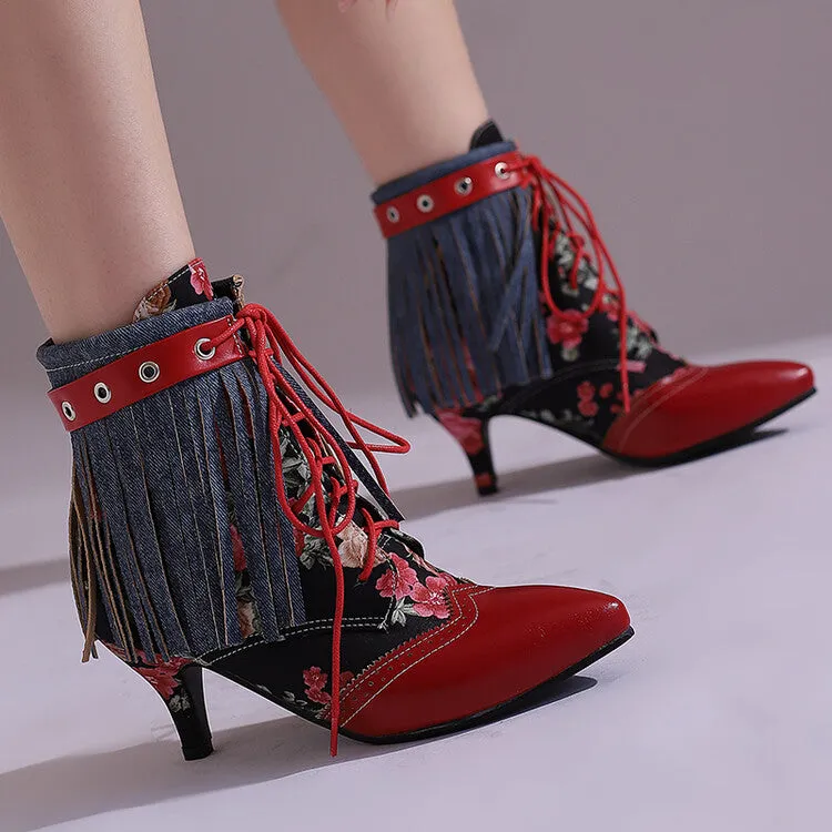 Women's Tassel Lace-Up Pointed Toe Spike Heel Ankle Boots