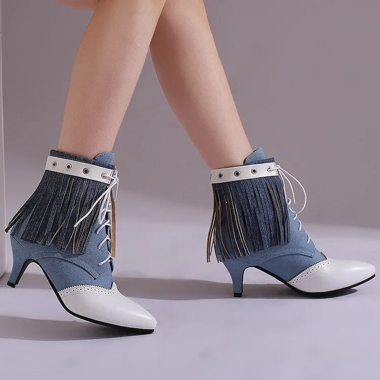 Women's Tassel Lace-Up Pointed Toe Spike Heel Ankle Boots