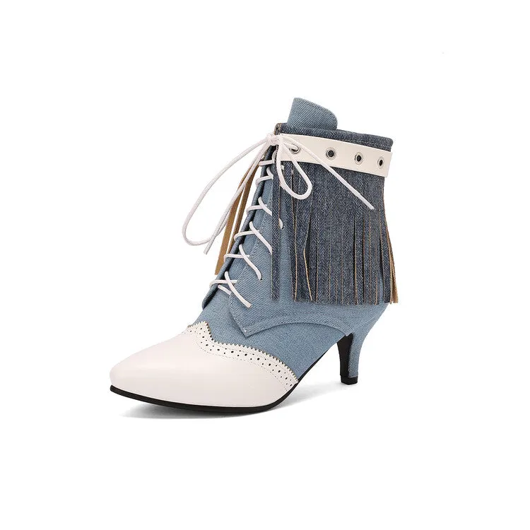 Women's Tassel Lace-Up Pointed Toe Spike Heel Ankle Boots