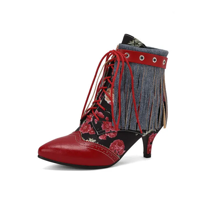Women's Tassel Lace-Up Pointed Toe Spike Heel Ankle Boots