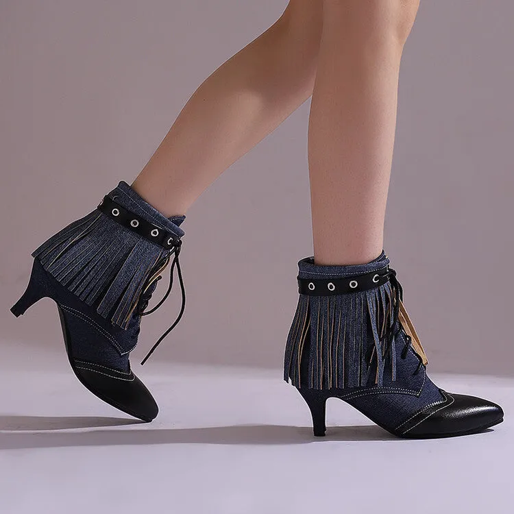 Women's Tassel Lace-Up Pointed Toe Spike Heel Ankle Boots