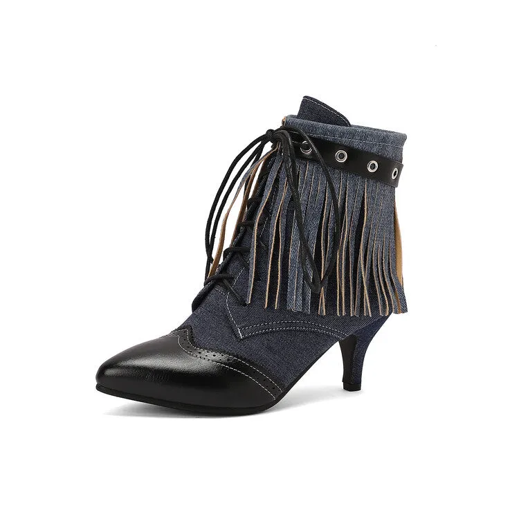 Women's Tassel Lace-Up Pointed Toe Spike Heel Ankle Boots