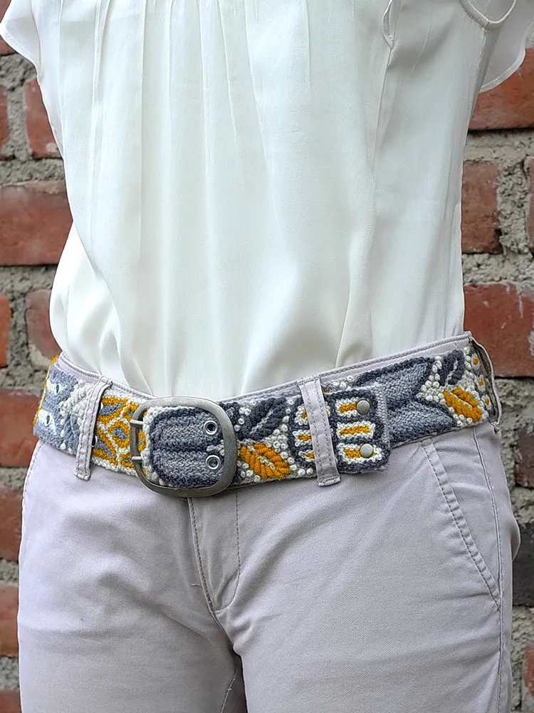 Wool embroidered belt Monochromatic Yellow Gray